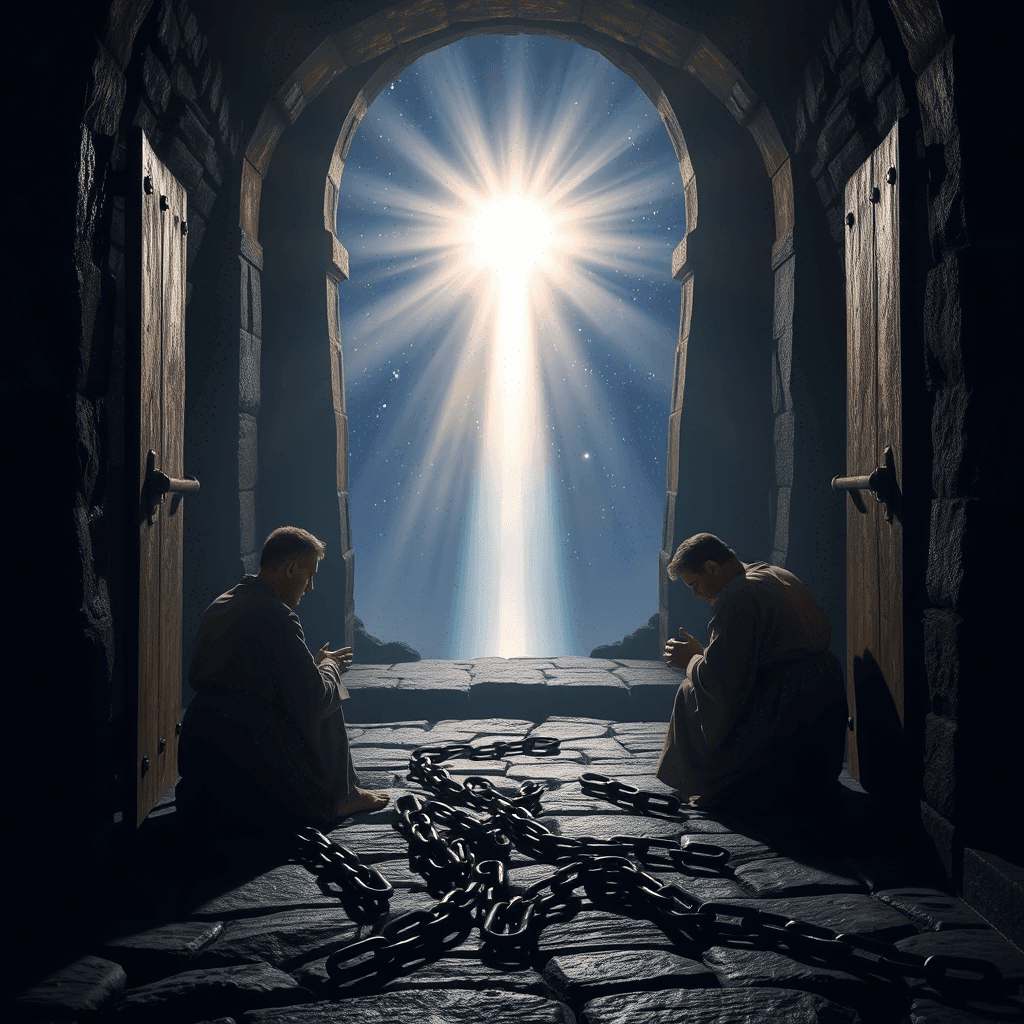 Two people kneeling inside a dark stone passageway, with bright light streaming through open doors.