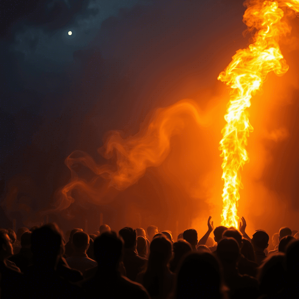 Large crowd watching a tall bonfire under a night sky with a visible moon.