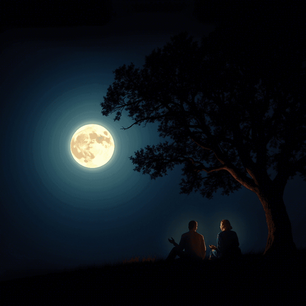Silhouette of two people sitting under a tree with a bright full moon in the night sky.