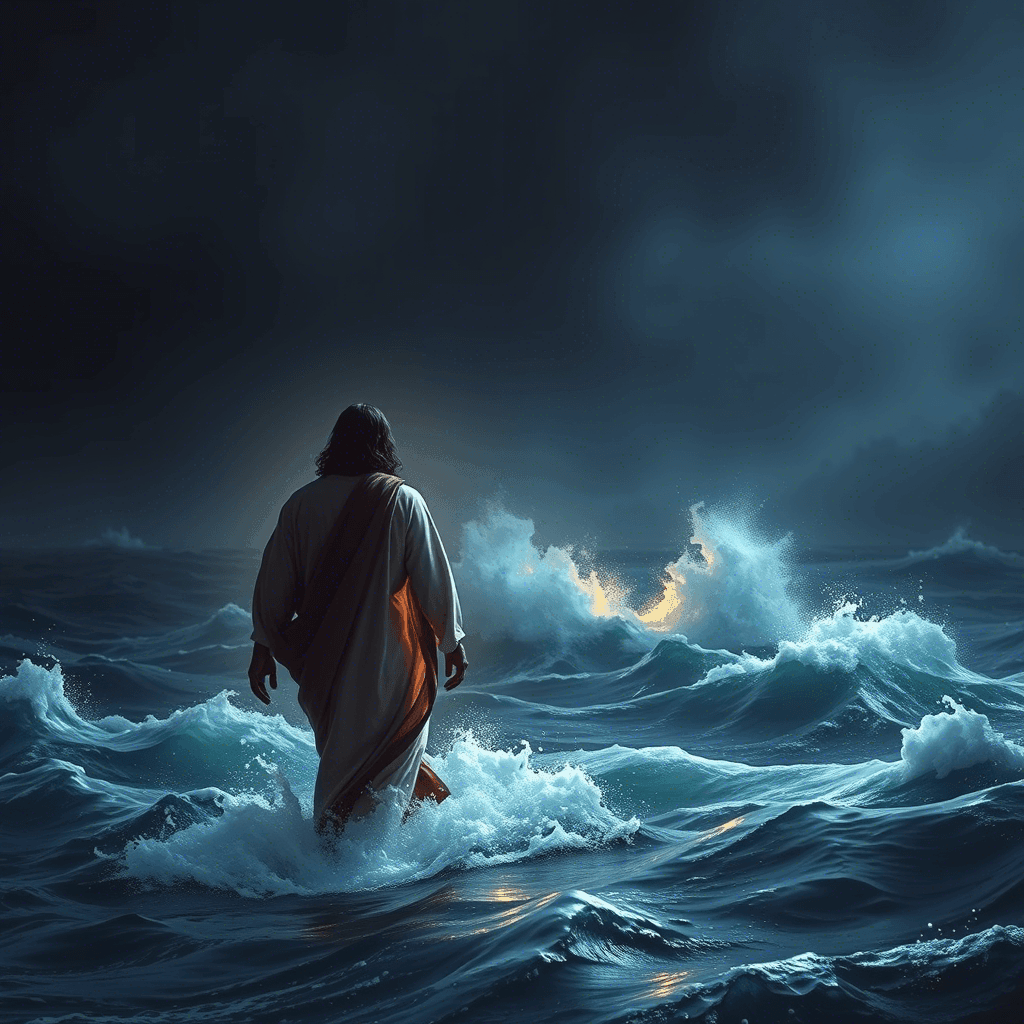 Person in robe walking on turbulent sea at night, surrounded by waves.