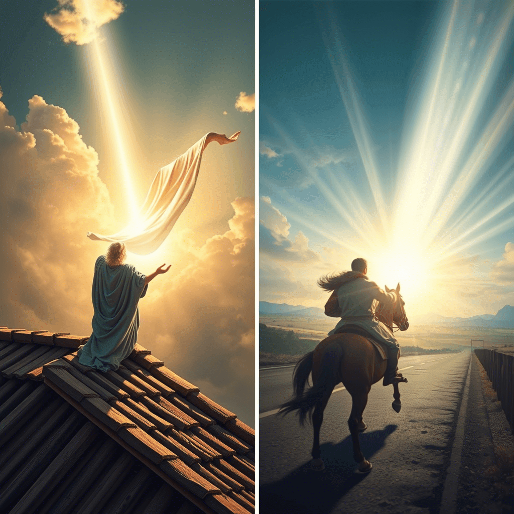 Person on a roof reaching toward a bright light; man on horseback riding toward a glowing sunrise.