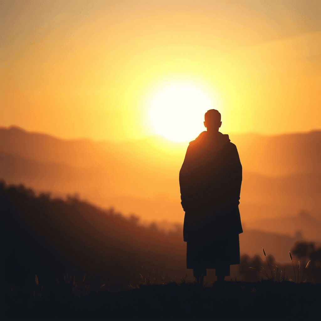 Silhouette of a person facing a vibrant sunset over a mountainous landscape.