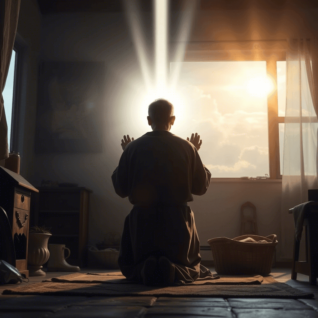 Person kneeling in prayer with light streaming through a window, creating a serene atmosphere.