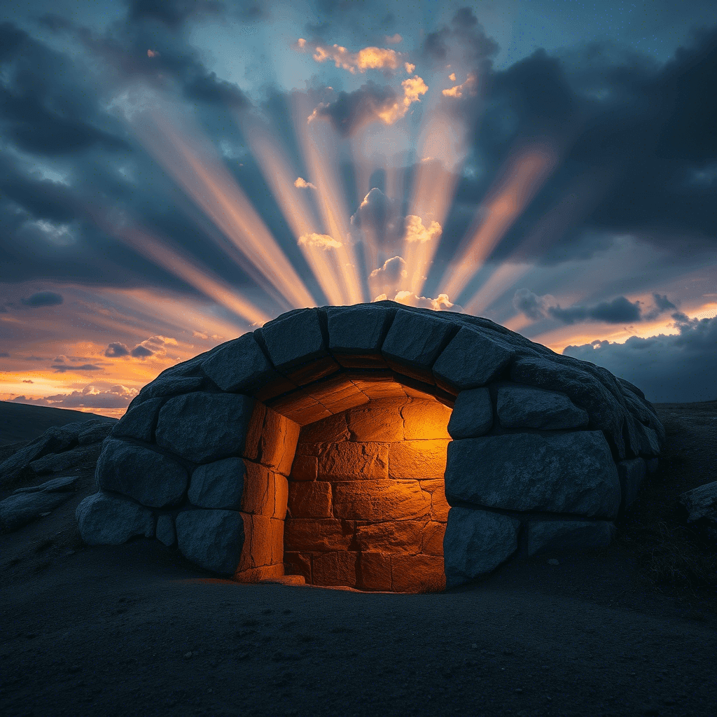 Stone structure with glowing entrance against a dramatic sky with sun rays peeking through clouds.